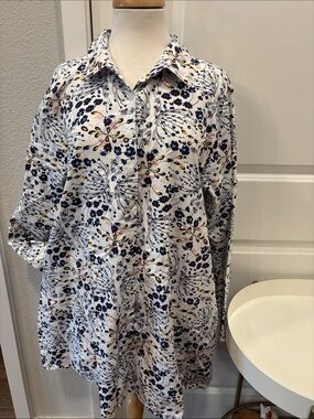 EUC Tulip Long Sleeve Floral Shirt Dress - White/Navy